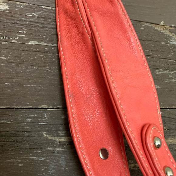 Coral & camel/tan, gold studded, purse. - Picture 12 of 14